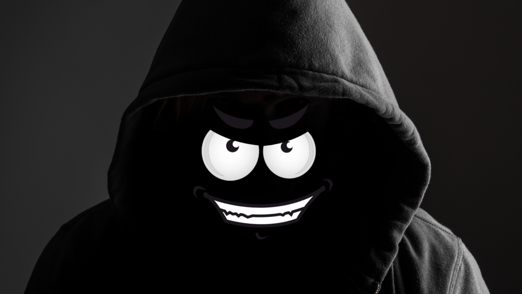 Hooded figure with cartoon smirk. Wondering how to make a good villain.