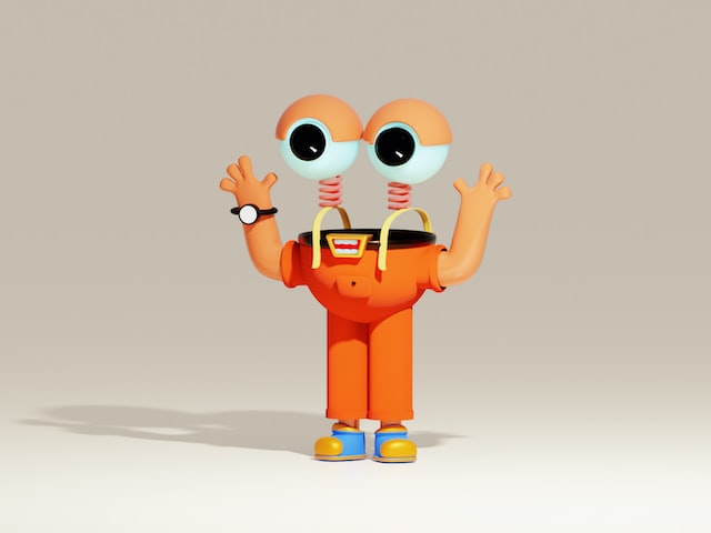 how to write engaging characters, like this little creature in orange overalls without a body but big eyes on a spring